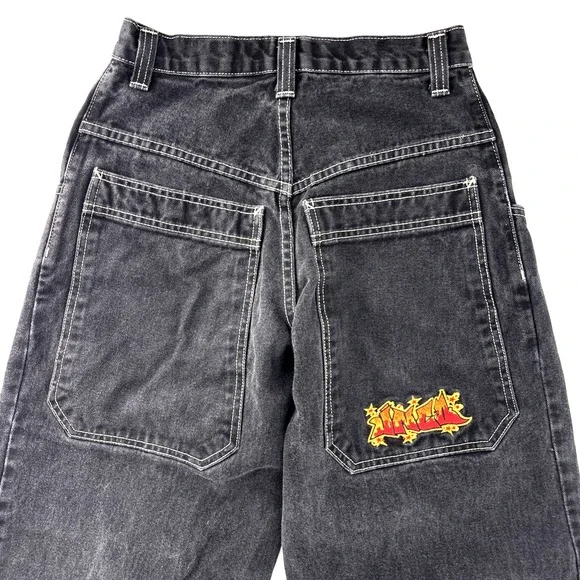 Vintage 90s JNCO Flame Jeans Black 28" Waist Baggy Wide Leg Crush City - Picture 2 of 15